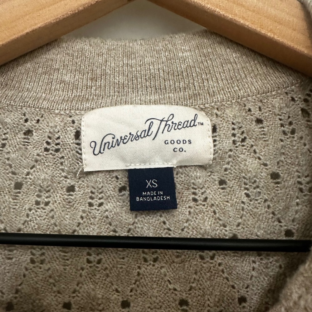 Universal Thread | Oatmeal Pointelle Knit Polo Short Sleeve Sweater Top, XS - Picture 4 of 5